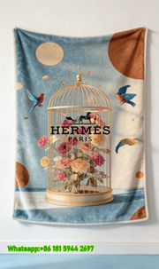 Luxury Hermès Birdcage & Floral Print Flannel Throw Blanket IMG_5195